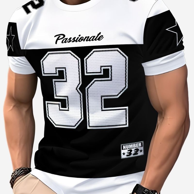 Men's Sports-Inspired "Passionate 32" Number & Star Graphic Color Block T-Shirt-40