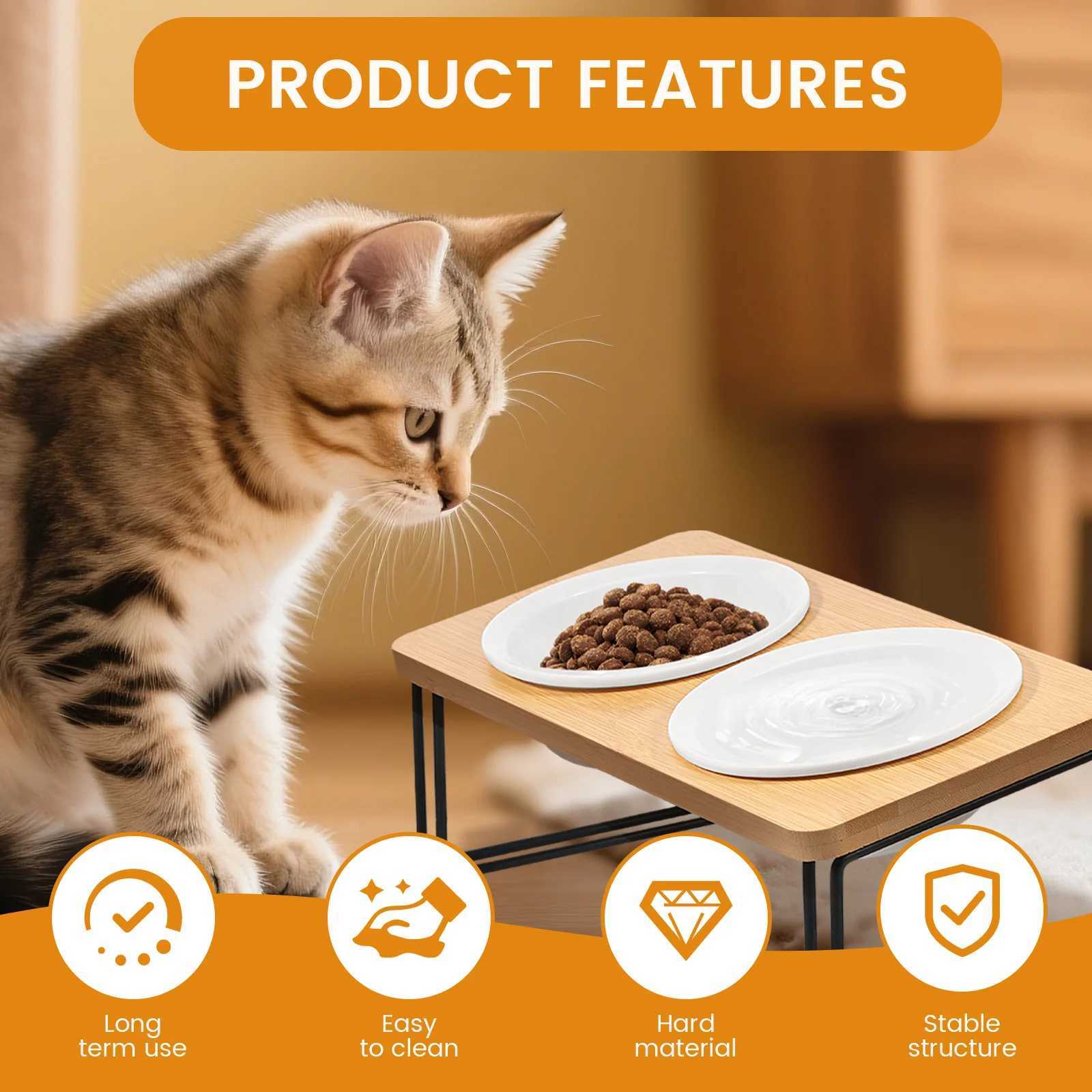 Elevated Cat Bowls Pet Feeder 15 Tilted Raised Cat Food Bowls with Wooden Stand Easy Cleaning Detachable Cat Food Bowl Kit C251009