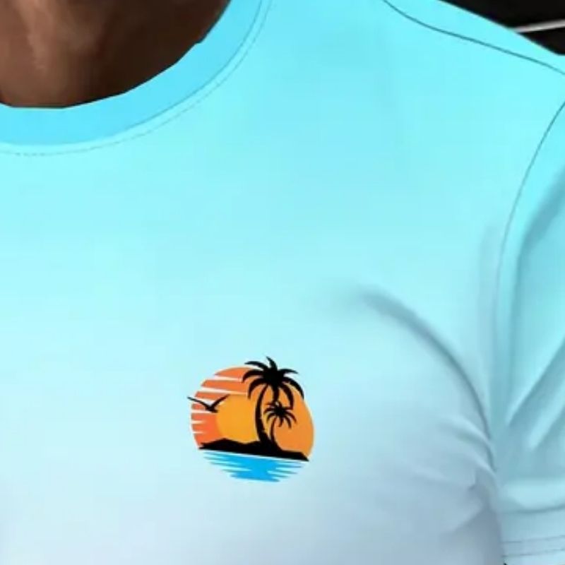 Men's Gradient Color Block T-Shirt with Palm Tree Sunset Graphic - Casual Summer Tee-50