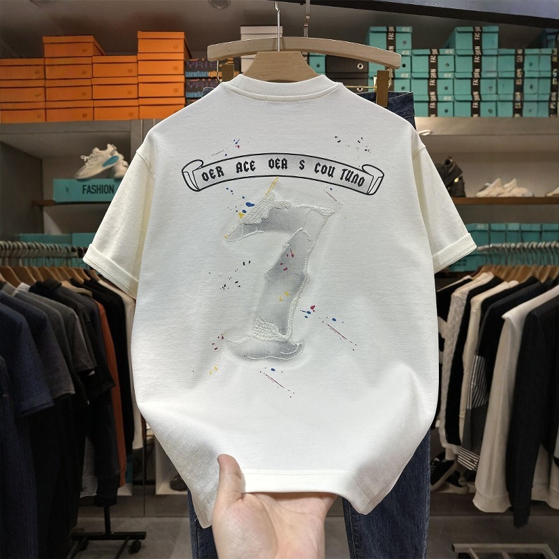 American Style Trendy Designer Hoodie Brand Personality Designer Shirt Half Sleeve Ink Splash Embroidery Short Sleeve T-shirt Men Summer New Loose Versatile
