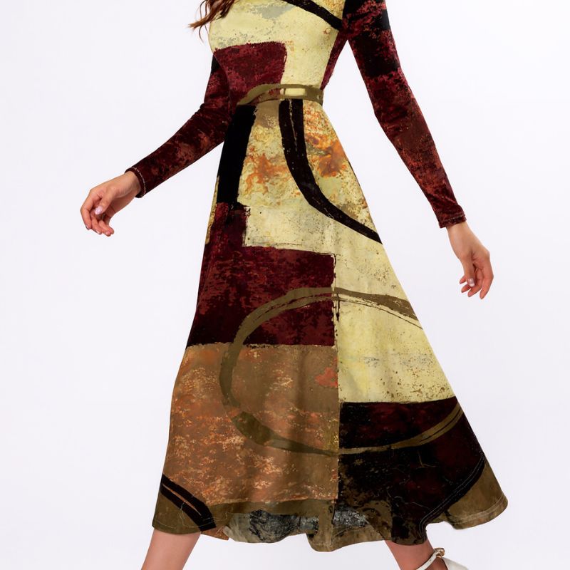 Women's Autumn Winter Fashion Geometric Color - Block Long - Sleeve Dress - Elegant Casual Crew Neck Dress-CF56224