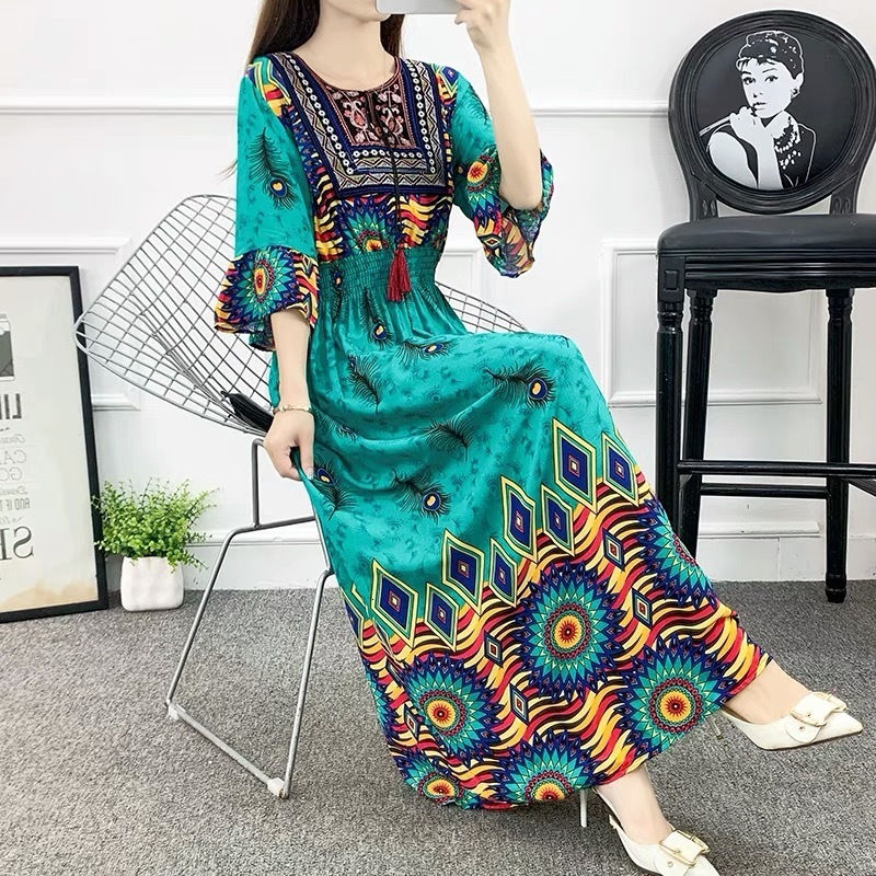 Womens evening dress retro print Sundress summer flame sleeves casual loose Vestido 250328