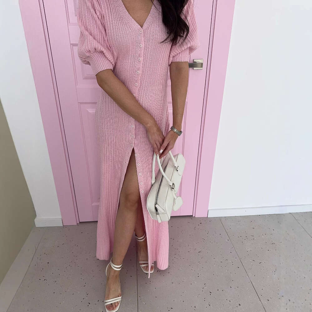 Puff Sleeve Single-Breasted Lemon Yellow Fashion Spring Summer Sexy Knit Dress B5