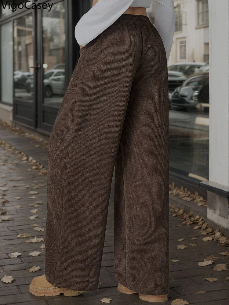 VigoCasey Brown Long Casual High Waist Wide Leg Women Solid Baggy Pants Autumn Winter Office Trousers Z260314
