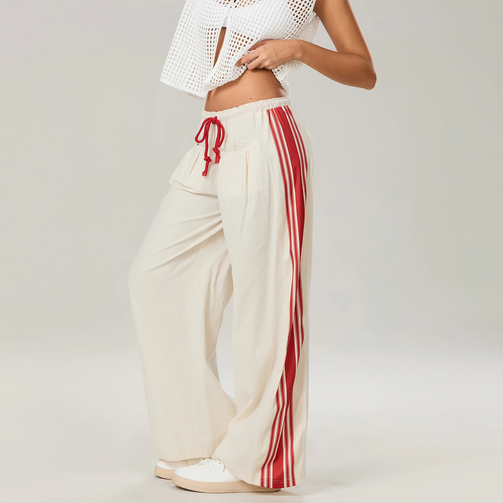Women Side Striped Track Pants Y2K Aesthetic Drawstring Elastic Waist Wide Leg Sweatpants Pockets Casual Loose Parachute Pants 251010