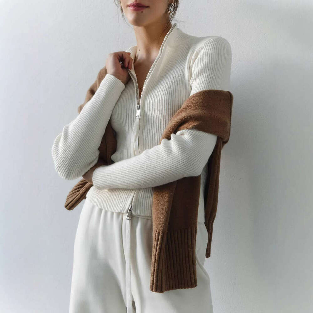 Zipper Slim Fit Top Stand Collar High Waist Trendy Long Sleeve Knitted Sweater Spring New Women's Ribbed Base Shirt B5