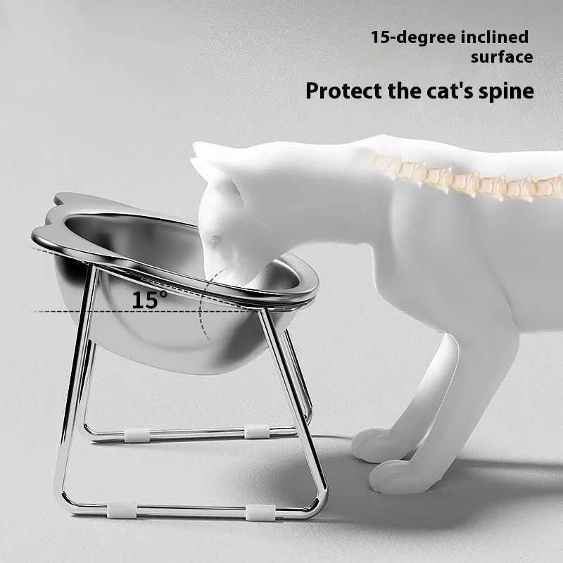 Durable Elevated Cat Bowl Holder Stainless Steel Easy Clean Neck Support Raised Food Dish AntiSpill Water Bowl C251009