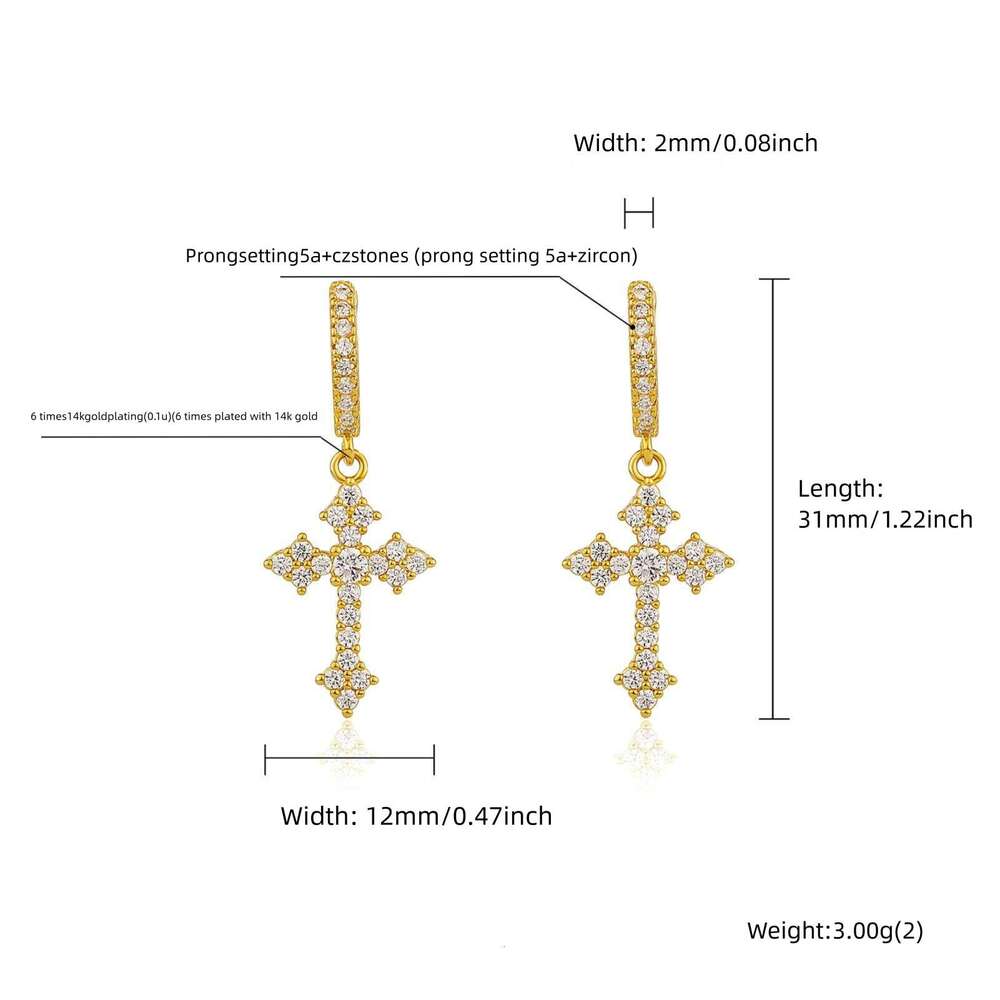Zircon Cross for Men and Women, Trendy Hip-Hop Style Hoop Earrings