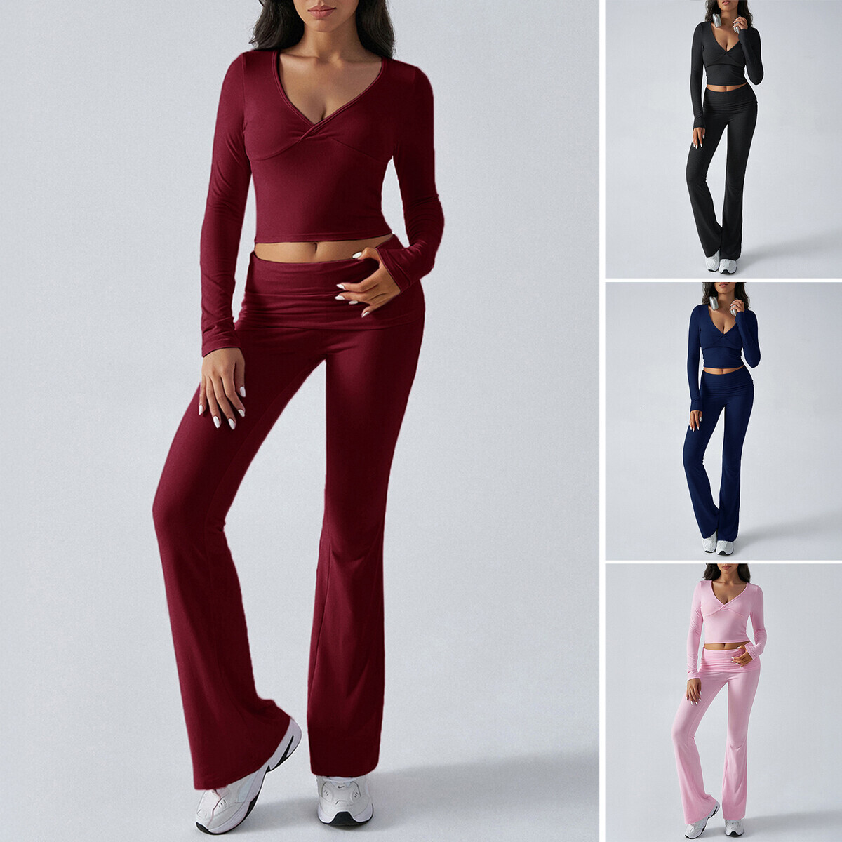 European and American women's clothing Amazon casual sports slim fit knitted long sleeved pants two-piece set