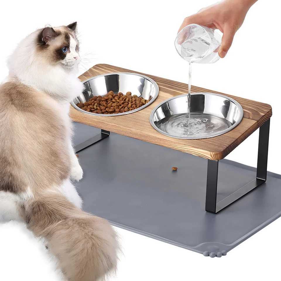 Upgraded Elevated Cat Bowls with Food Mat 15Tilted Stand Anti Vomiting Raised Cat Dishes 2 Stainless Steel Bowls for Puppy C251009