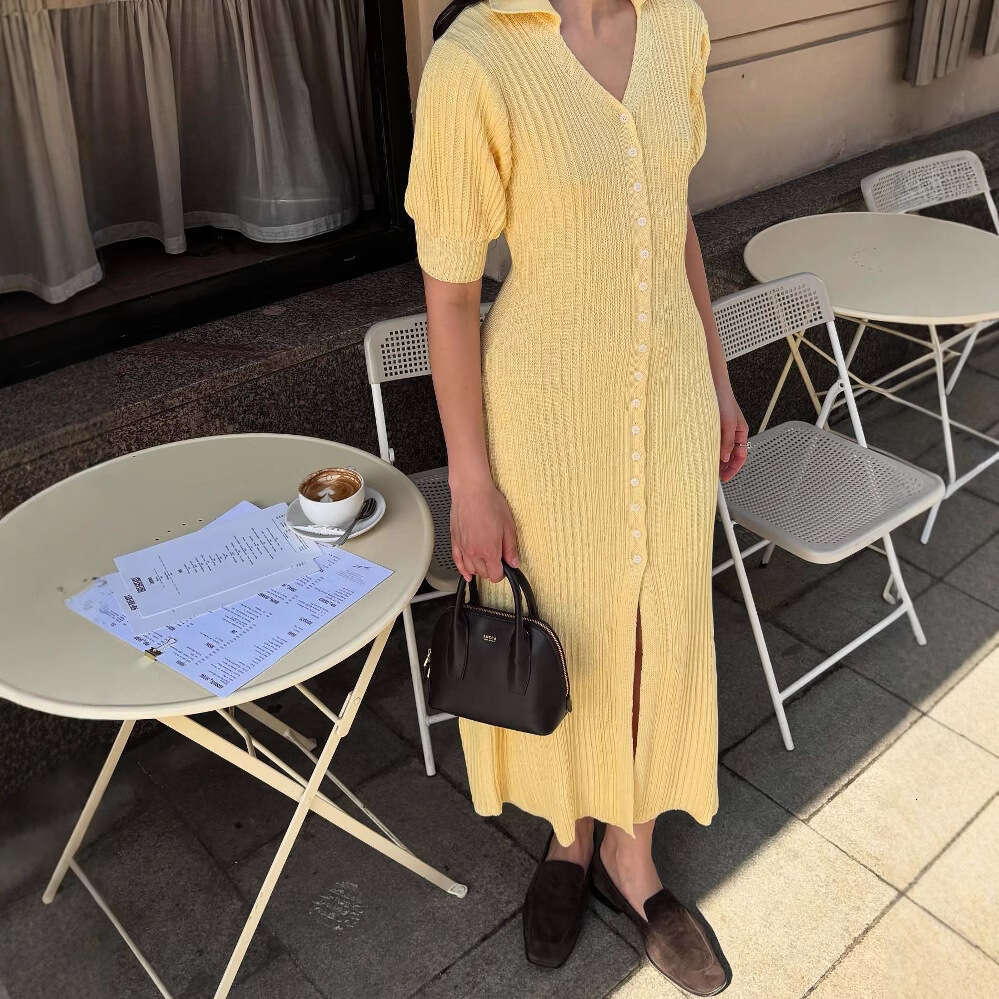 Puff Sleeve Single-Breasted Lemon Yellow Fashion Spring Summer Sexy Knit Dress B5