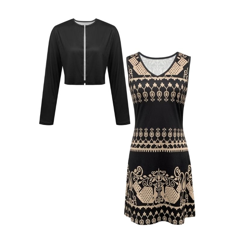 Women's Ethnic Style Printed Two - Piece Set - Long Sleeve Jacket & Midi Dress Set-CF55201