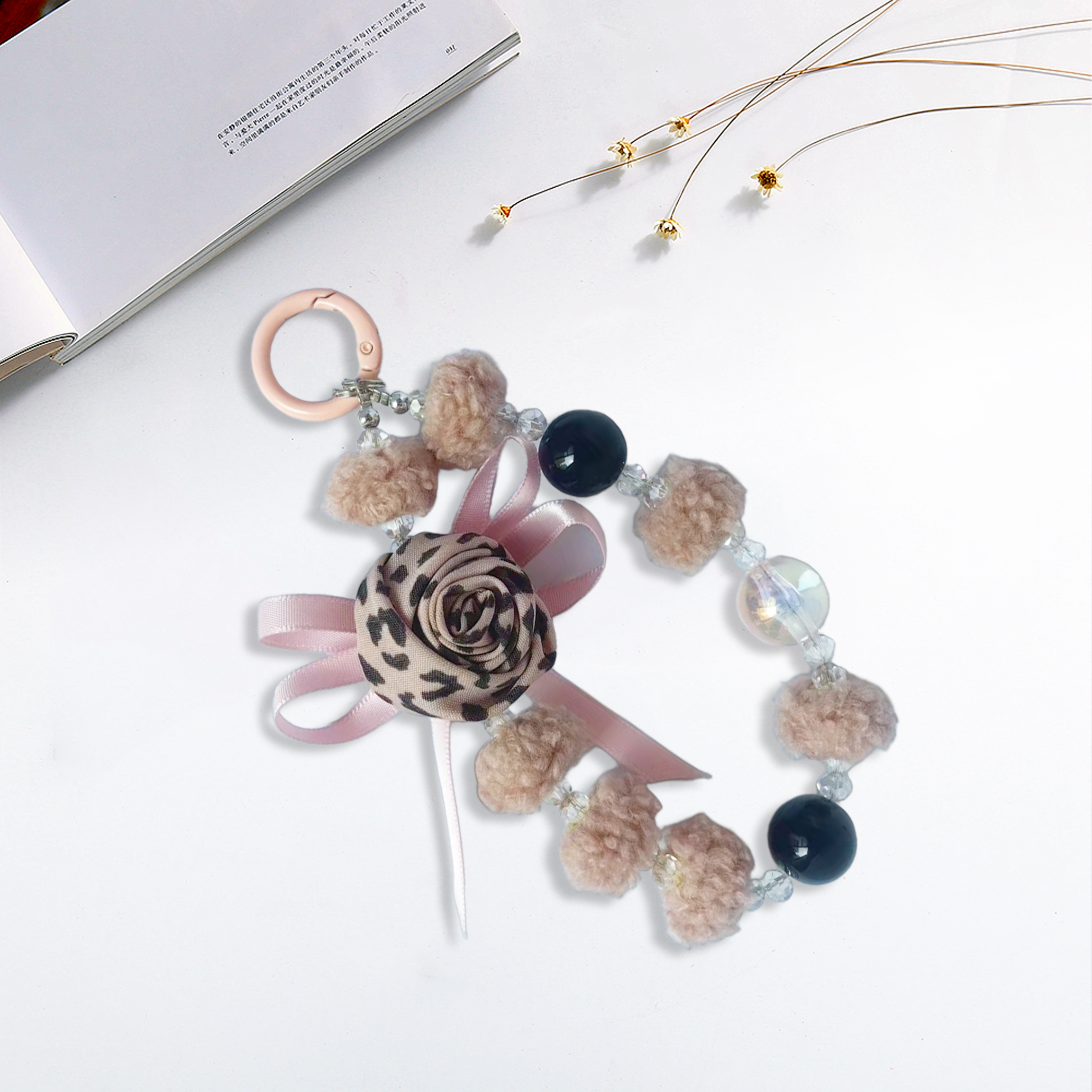 Leopard-print rose, plush ball bead phone strap, creative design, multiple colors available, stylish and versatile, anti-loss, easy to carry