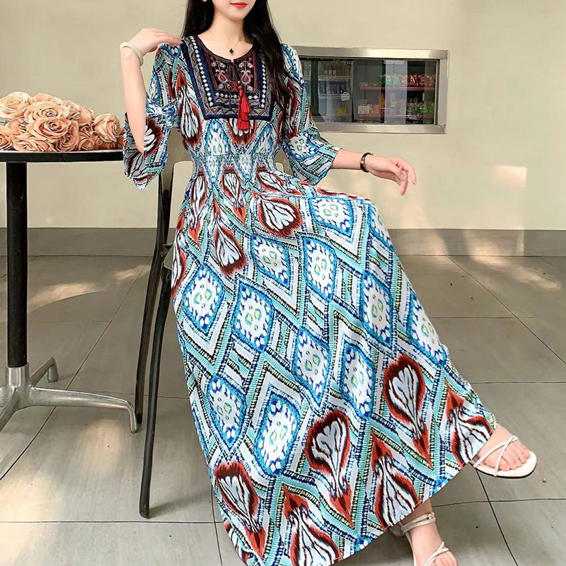Womens evening dress retro print Sundress summer flame sleeves casual loose Vestido 250328
