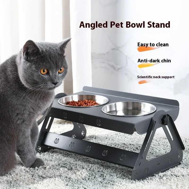 Stainless steel pet bowl rack adjustable height dual bowl drinking water cat food bowl anti tipping cat and dog food bowl C251009