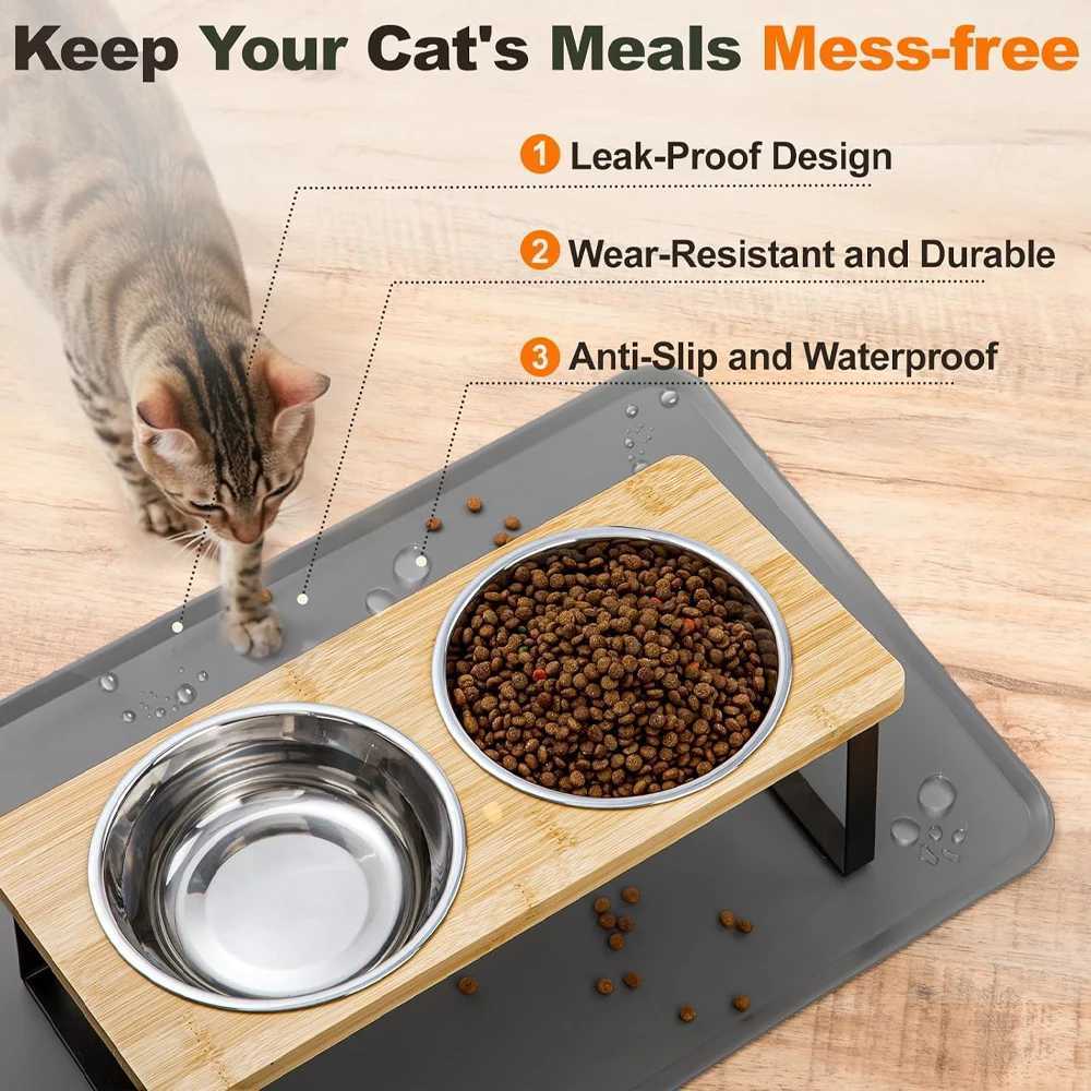 Elevated Cat Bowls with Food Mat 15 Tilted Stand Anti Vomiting Raised Cat Dishes with Silicone Pad for Food and Water for Cats C251009