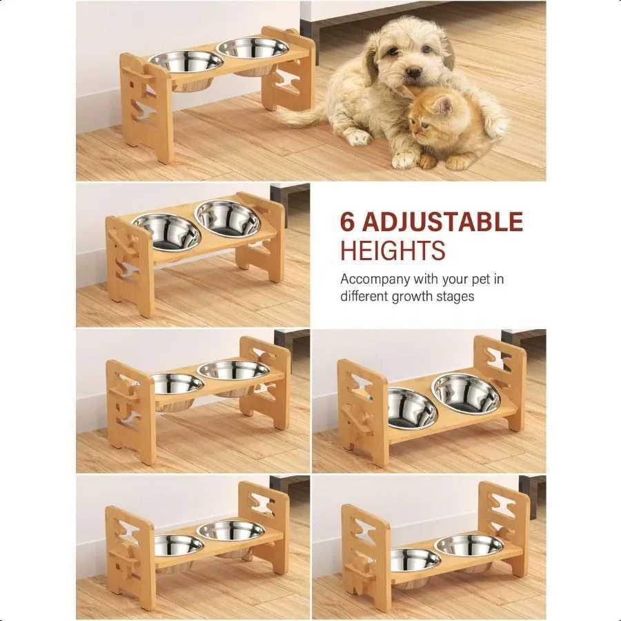 Elevated Dog Bowls Adjustable Raised Dog Bowl Stand for Small Puppy and Cats Sturdy Bamboo Pet Food Feeder with 2 Stainl Steel C251009