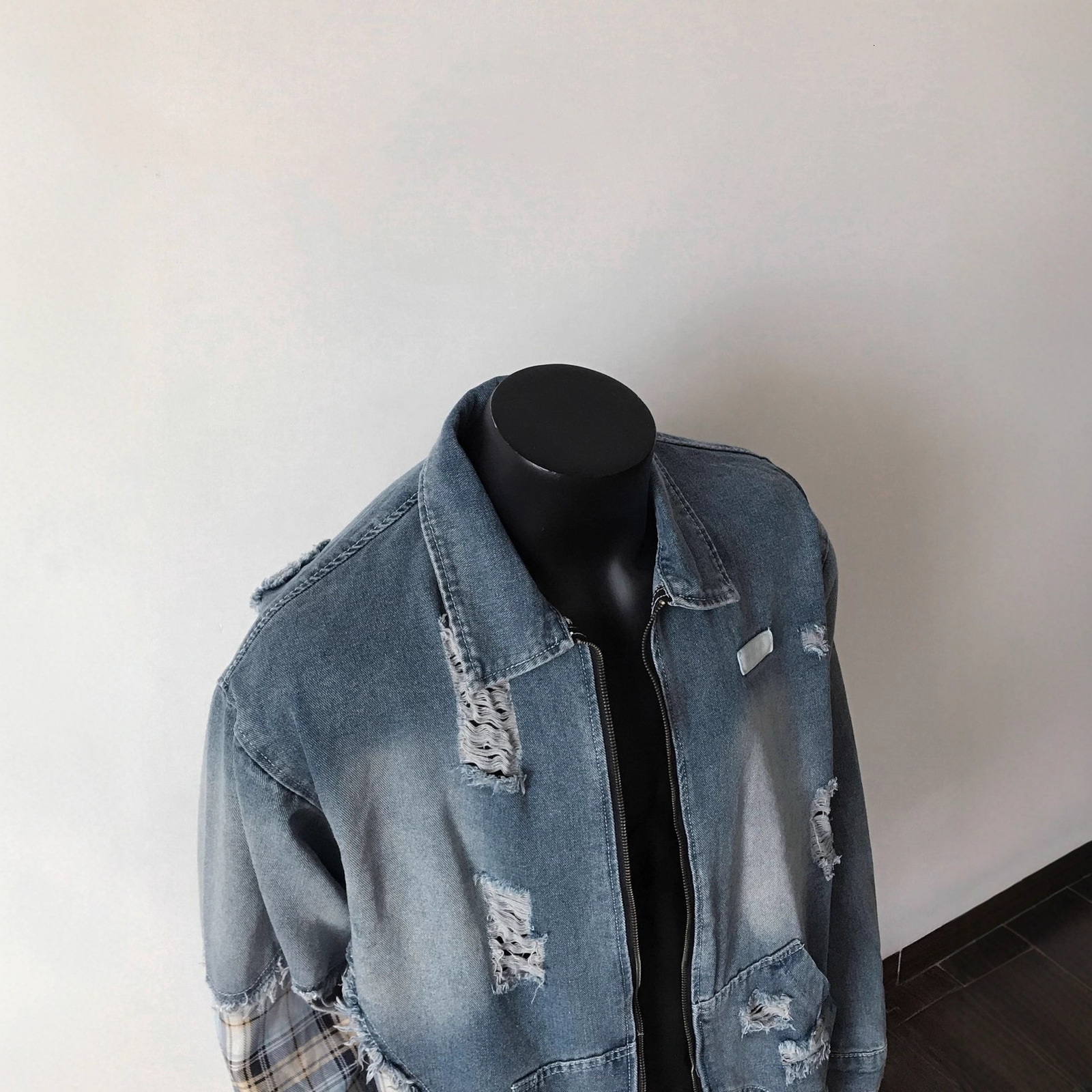 ABOORUN Hi Street Ripped Patchwork Denim Jackets Mens Vintage Turtleneck Cotton Coat 250806