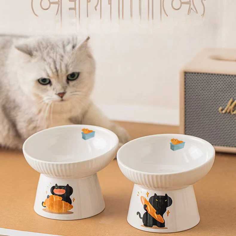 Elevated Ceramic Cat Bowl Wide Mouth AntiSlip Pet Dish Neck Protection Design Prevents Spills C251009
