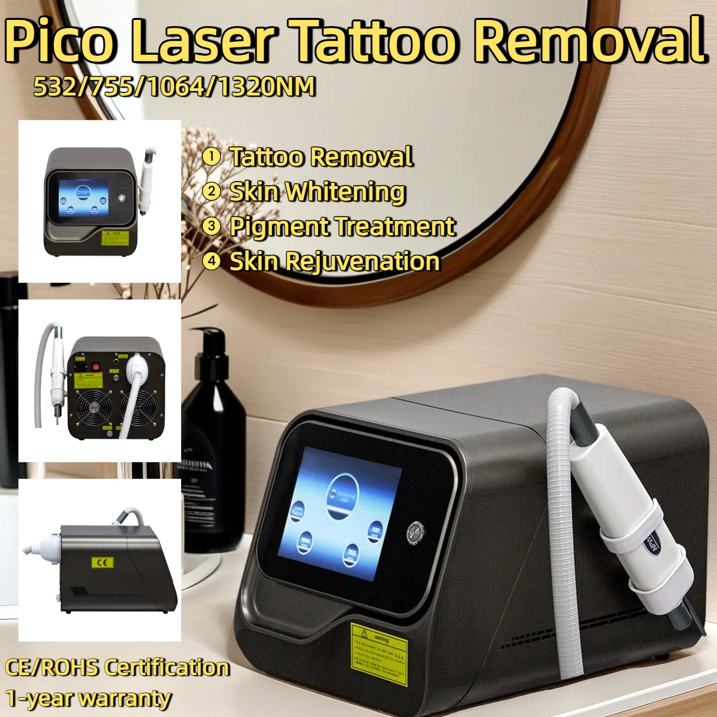 Professional Picosecond Laser Machine 755nm 1064nm 532nm 1320nm Nd Yag Q Switch Tattoo Removal And Eyebrow Removal