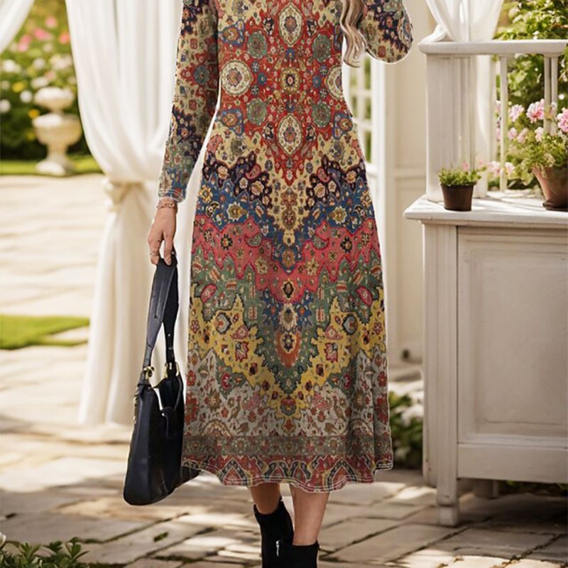 Women's Autumn Winter New Ethnic Printed Midi Dress - Versatile Commute & Vacation Dress-CF56331