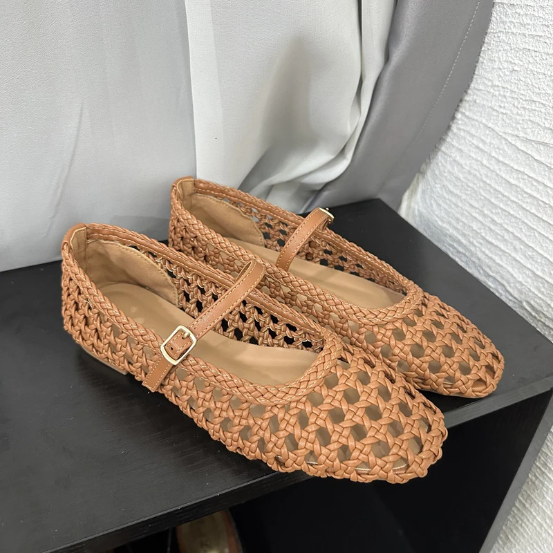 SUOJIALUN 2025 Summer Women Flat Shoes Fashion Weave Hollow Slip On Mary Jane Ballet Ladies Flats Soft Dress Single S 251009