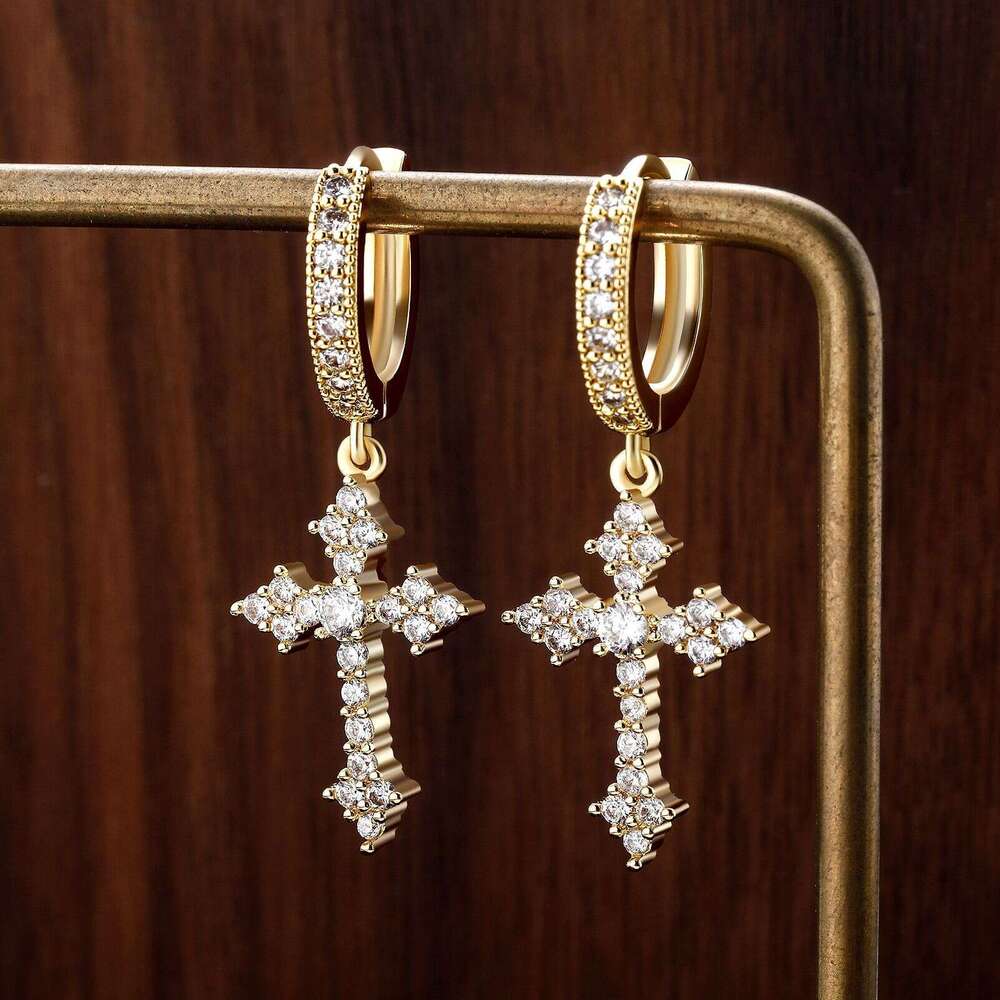 Zircon Cross for Men and Women, Trendy Hip-Hop Style Hoop Earrings