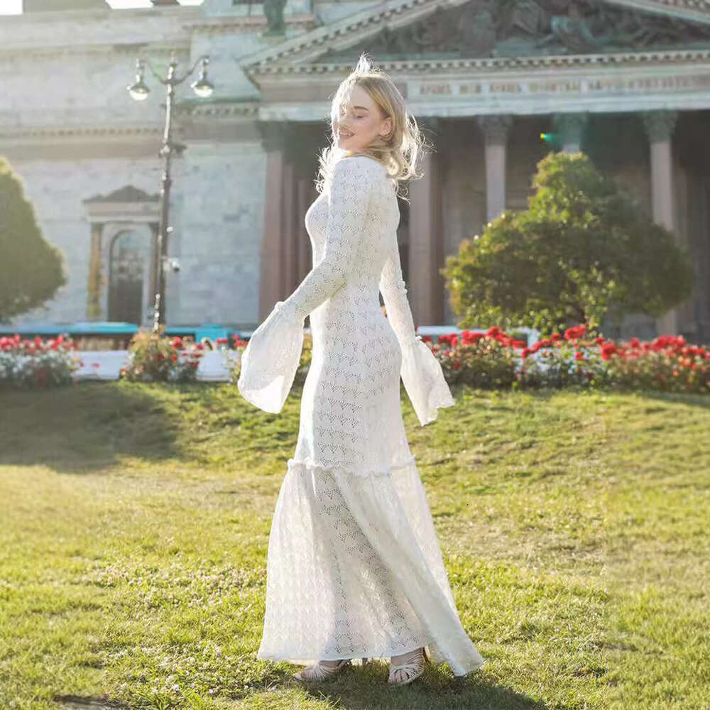 Long Sexy Hollow Out Patchwork Ruffle Sheer Russian Knitted Dress B5