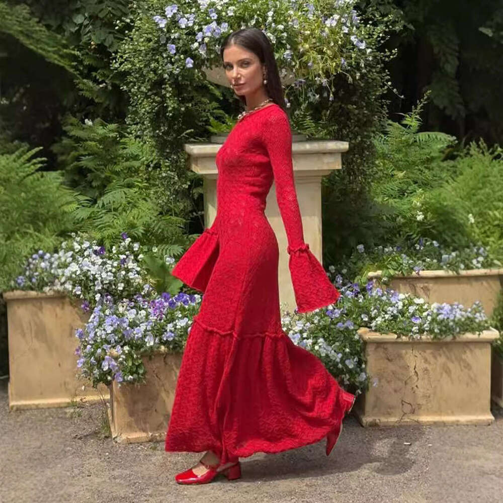 Long Sexy Hollow Out Patchwork Ruffle Sheer Russian Knitted Dress B5