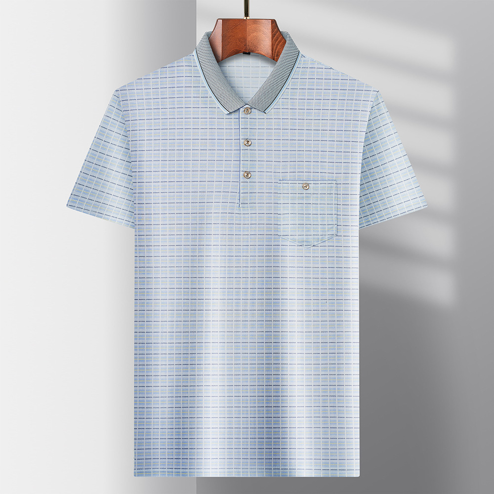 Men's Summer Short Sleeve Ice Silk Designer Hoodie T-shirt Small Plaid Designer Shirt Casual Polo Shirt For Middle-aged And Elderly With Real Pockets Grandpa Outfit