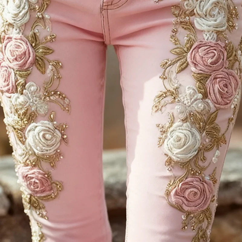 Romantic Pink Rose Flower Print Jeans Vintage Elegant Buttoned Womens Pants Autumn High Waist Slim Chic Trousers Harajuku Mujer 251010