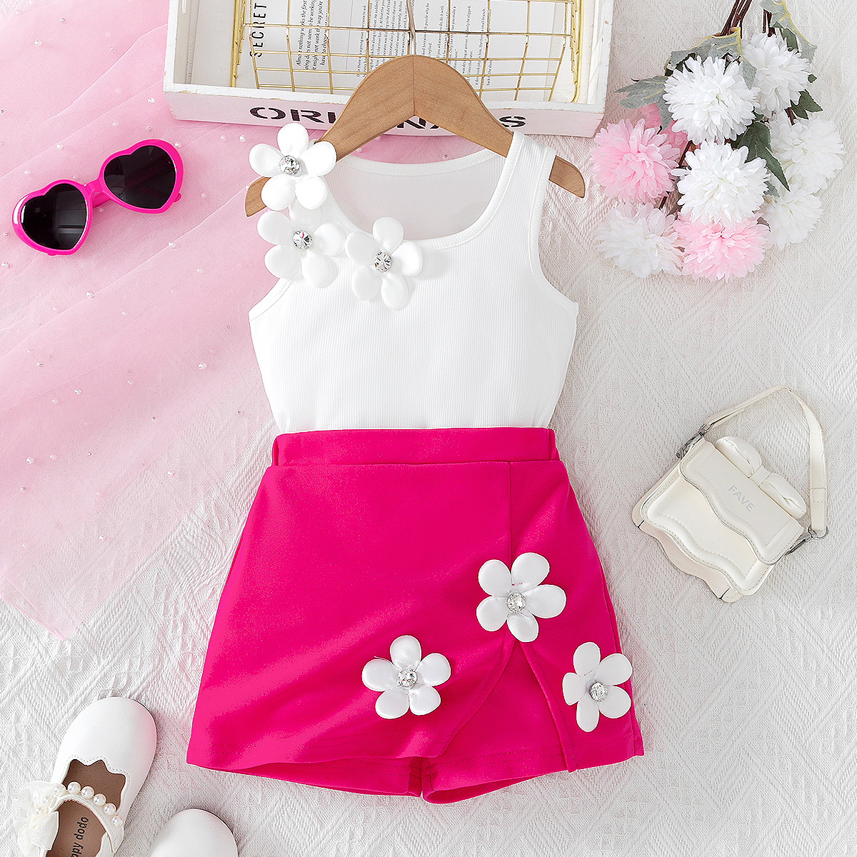 Girls' Elegant Style Outfit: Sleeveless Top with 3D Flower Decor & Pink Skort Set, Perfect for Little Ladies-2661