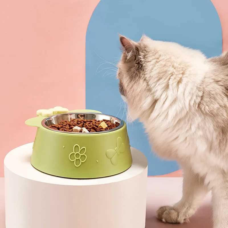 A pet bowl pet stainless steel feeding bowl cat bowl feeding bowl bottom nonslip design cartoon bow style dog bowl pet bowl C251009