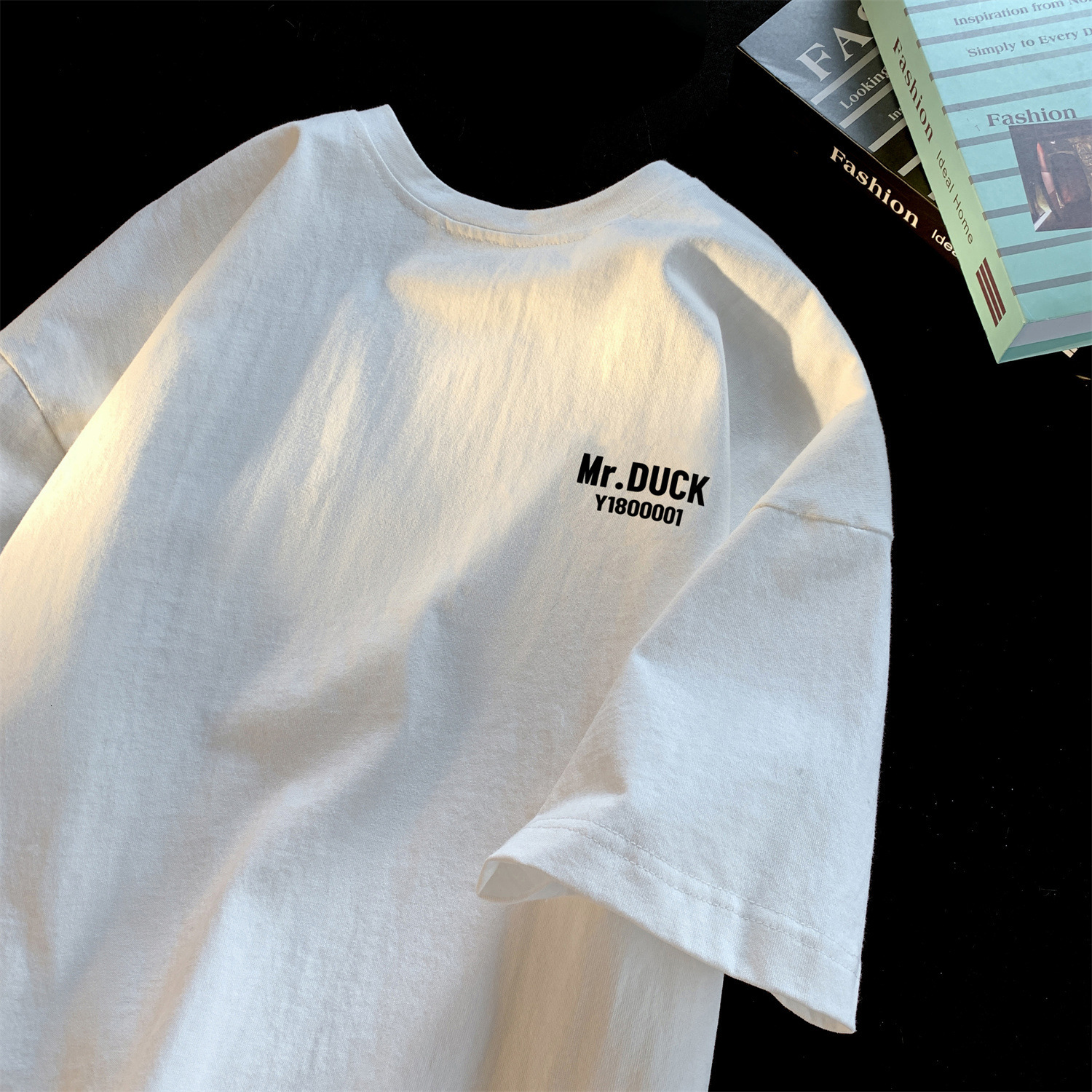 White Cool T-shirt For Men Designer Shirt Summer Thin Loose Round Neck American Style Heavyweight Pure Cotton Short Sleeve Designer Hoodie Men's Five-quarter