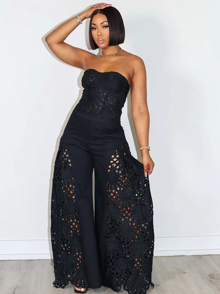 Beyprern Elegant Hollow Out Lace Breast Croset Tube Top And Wide Legs Pants Set Womens Lace Tracksuits Palazzo Set Sexy Clubwear 251008