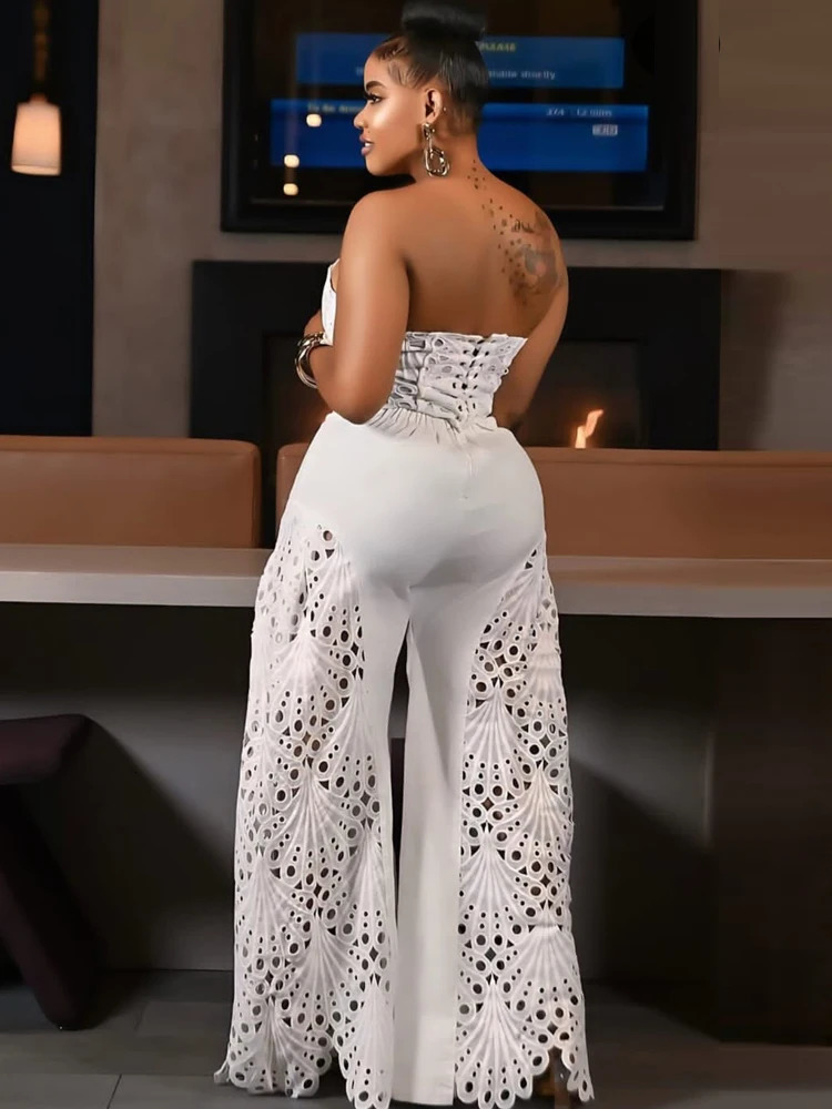 Beyprern Elegant Hollow Out Lace Breast Croset Tube Top And Wide Legs Pants Set Womens Lace Tracksuits Palazzo Set Sexy Clubwear 251008