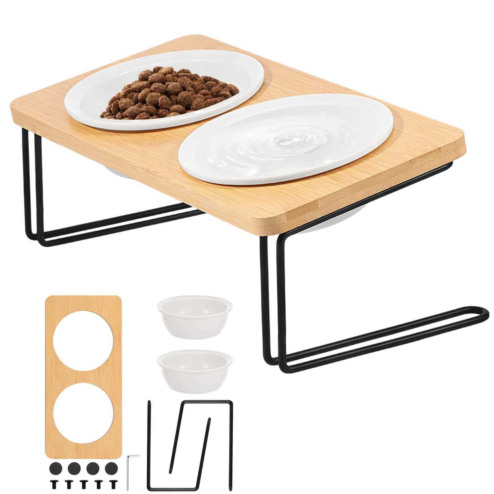 Elevated Cat Bowls Pet Feeder 15 Tilted Raised Cat Food Bowls with Wooden Stand Easy Cleaning Detachable Cat Food Bowl Kit C251009