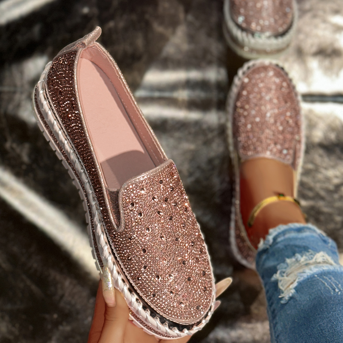 Women's Shoes 2026 Fashion Flats Rhinestone Bling Sewing Platform Loafers Luxury Shoes Casual Comfortable Female Shoes Designer Outdoor Sports Sh