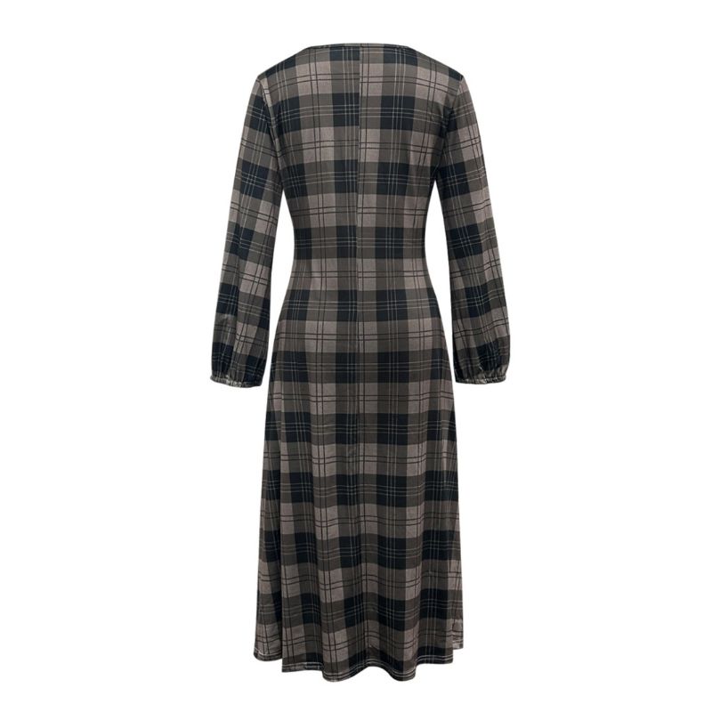 Women's Autumn Winter Plaid Print Midi Dress - Fashionable Commute Long - Sleeve Dress-CF56259