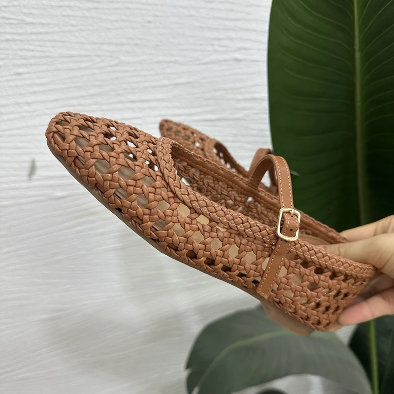 SUOJIALUN 2025 Summer Women Flat Shoes Fashion Weave Hollow Slip On Mary Jane Ballet Ladies Flats Soft Dress Single S 251009