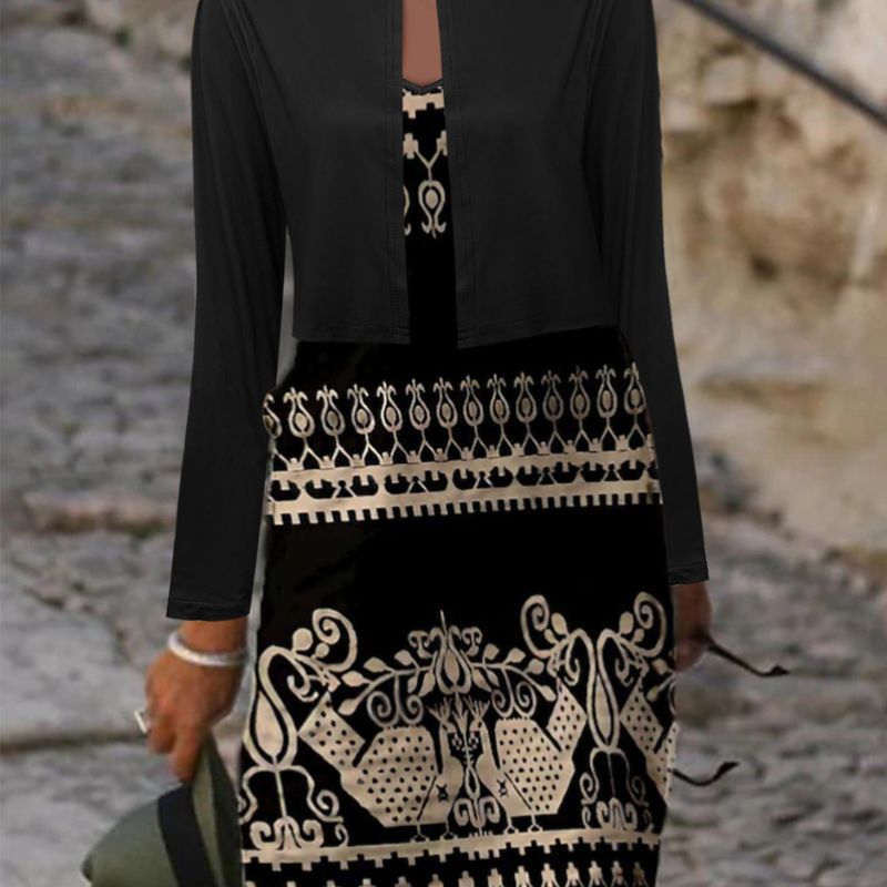 Women's Ethnic Style Printed Two - Piece Set - Long Sleeve Jacket & Midi Dress Set-CF55201
