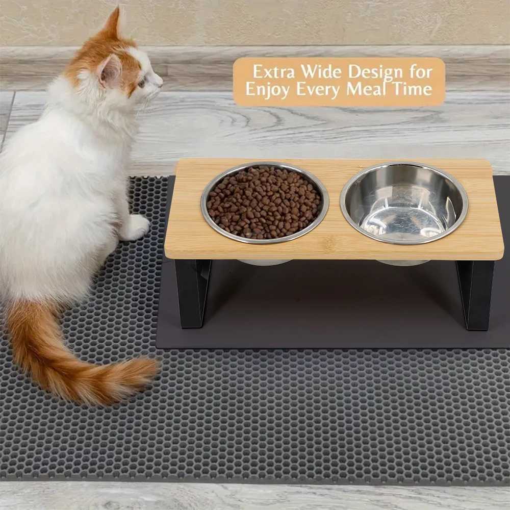 Elevated Cat Bowls 15 Tilted Raised Cat Food Bowls with Wooden Stand Anti Vomiting 2 Stainless Steel Bowls for Cats and Puppy C251009