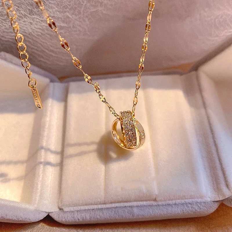 Stainl Steel Zircon Tren Exquisite Double Ring Round Chain Necklace for Women Girl High Quality Pendant Jewelry AAAXJ251010