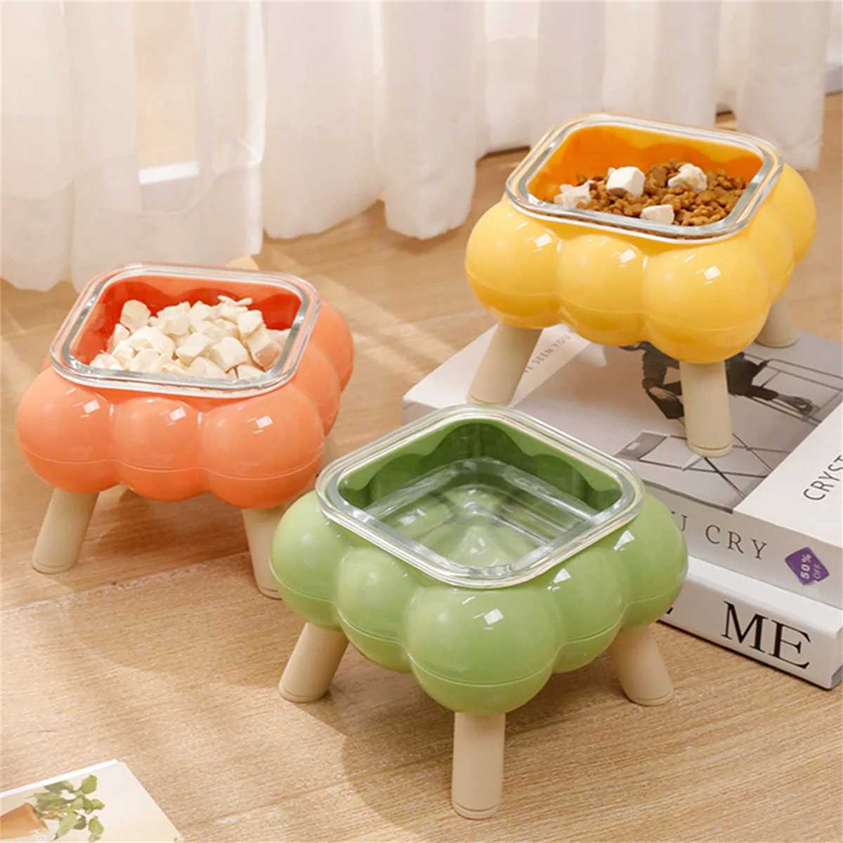 1 PCS New cat eating tall bowl bubble glass fourlegged highleg cat bowl easy to clean pet highlegged neck bowl C251009