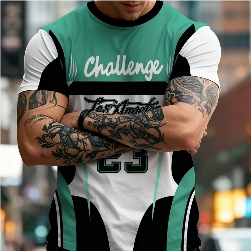 Men's "Challenge 23" Graphic Color Block T-Shirt - Sports-Inspired Casual Tee-41
