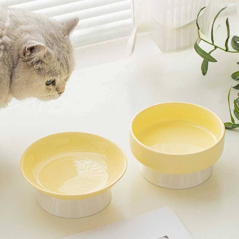 Pet Ceramic Cat Bowl Cervical Vertebrae Protective Cat Food Water Bowl Oblique Mouth Dish Pet Supplies C251009