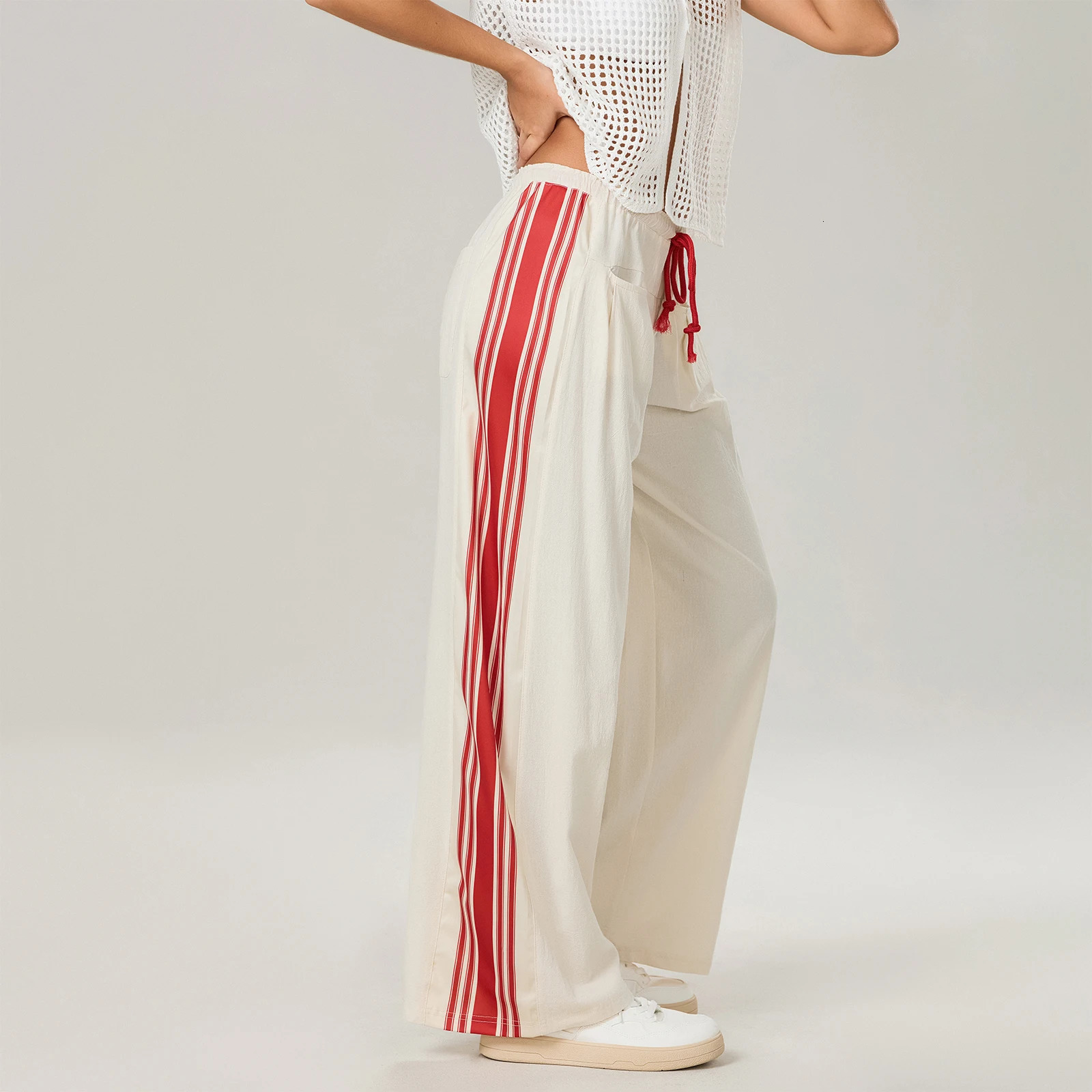 Women Side Striped Track Pants Y2K Aesthetic Drawstring Elastic Waist Wide Leg Sweatpants Pockets Casual Loose Parachute Pants 251010
