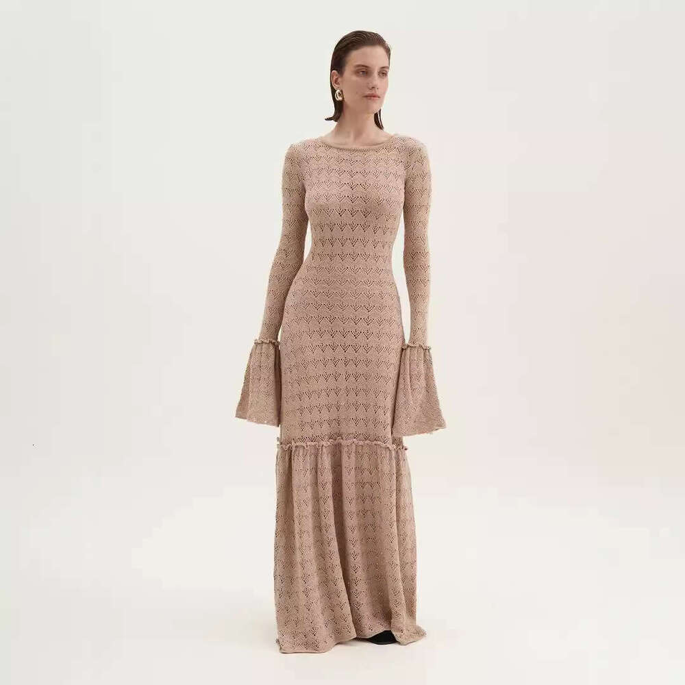 Long Sexy Hollow Out Patchwork Ruffle Sheer Russian Knitted Dress B5