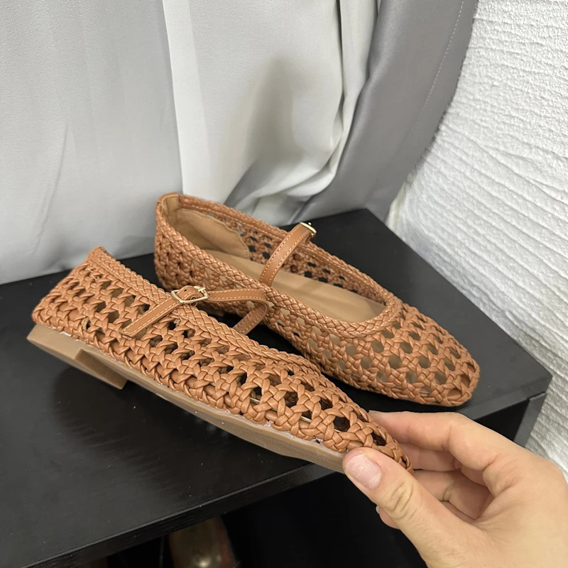 SUOJIALUN 2025 Summer Women Flat Shoes Fashion Weave Hollow Slip On Mary Jane Ballet Ladies Flats Soft Dress Single S 251009