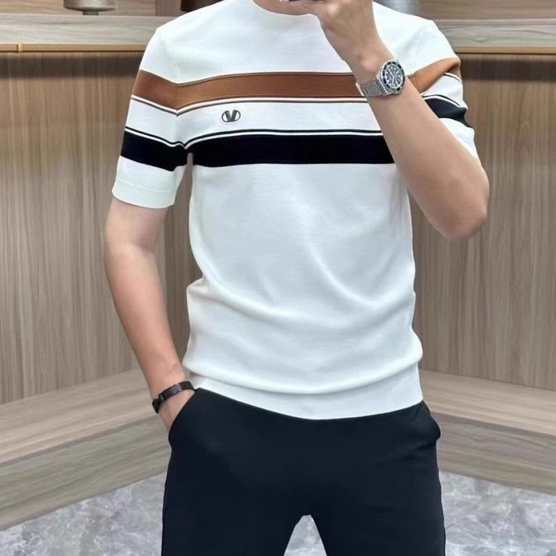 Summer Men's Fashion Light Luxury Striped Designer Hoodie Print Casual Business Versatile Crew Neck Trendy Brand Designer Shirt Youth Short Sleeve T-shirt